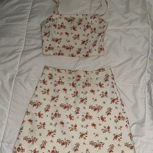 Two piece skirt and top set, floral design, white peach and coral